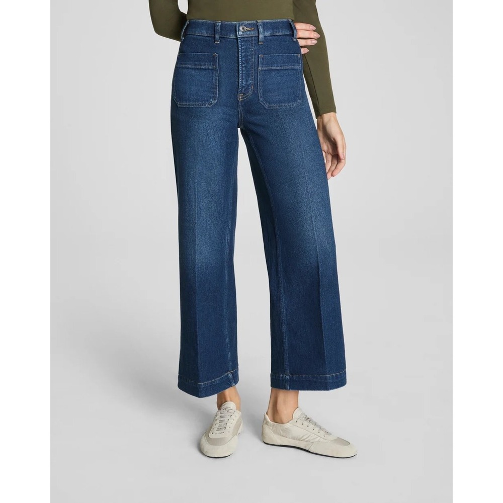 SPANX Wide Leg Cropped Jeans XL Medium Wash High Rise Patch Pocket Culottes